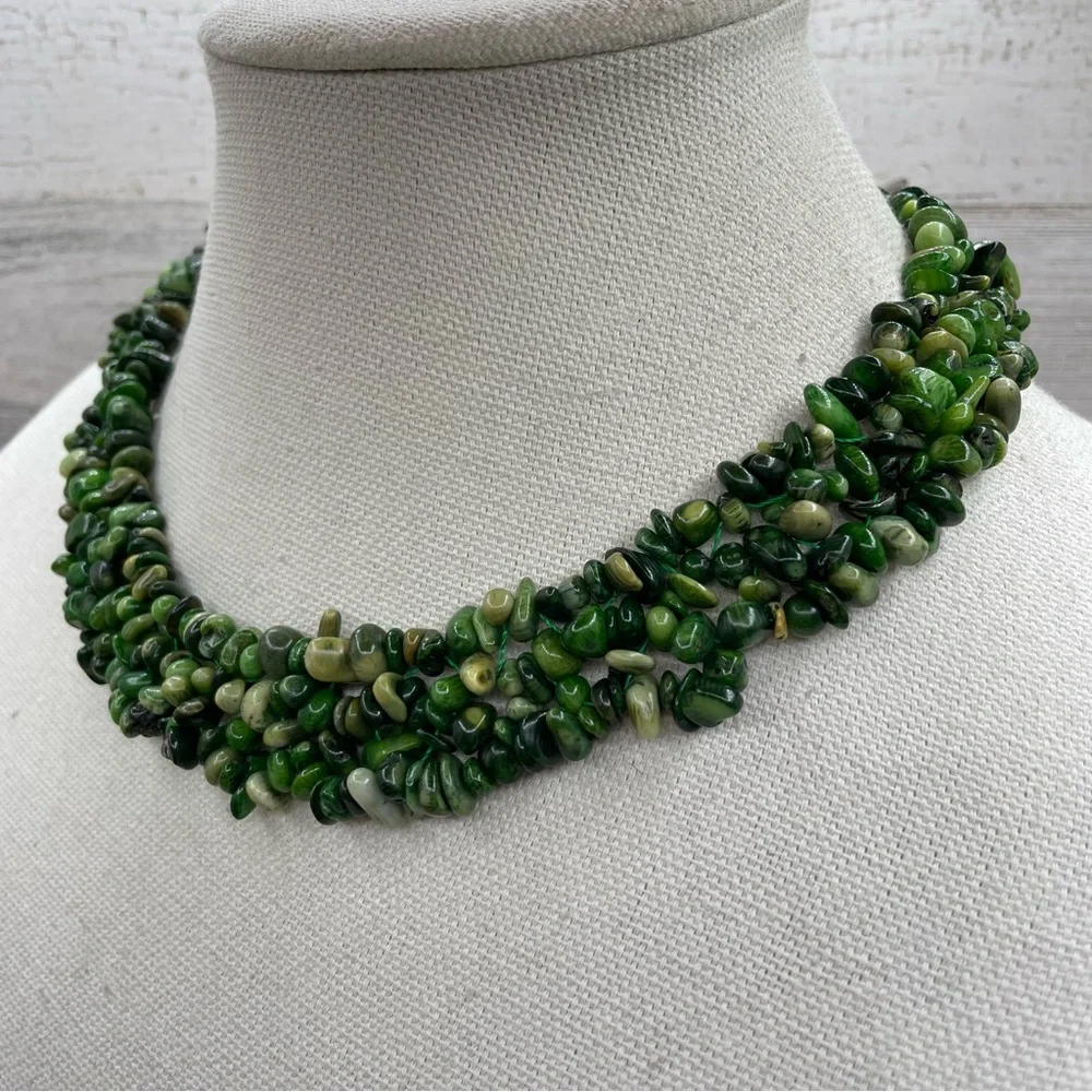 Beautiful Unsigned Green Jasper Multi Layer Statement Necklace Silver Tone